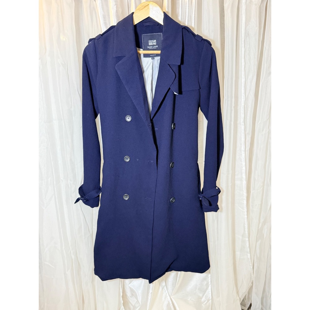 Park Lane Trench Coat Womens 34 Navy Blue Double Breasted Belted Bow Cuff